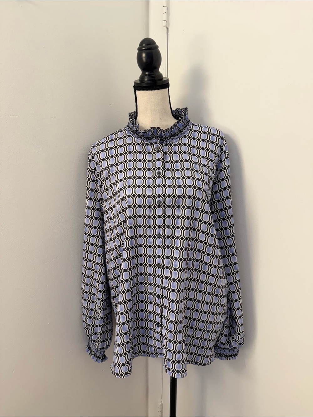 Ann Taylor long-sleeve button-front Geometric Ruffle-Neck Blouse